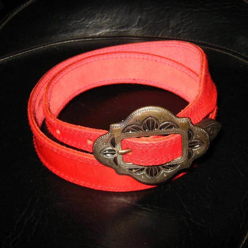 Liz Claiborne Red Suede Belt with Antique Brass Buckle